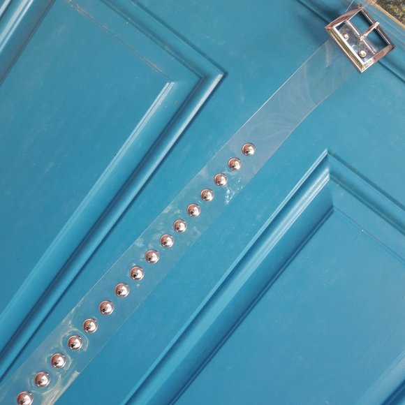 Metal Studded Clear Plastic Belt Silver Grommets Rivets Extra Long Neutral Tone - Picture 3 of 8